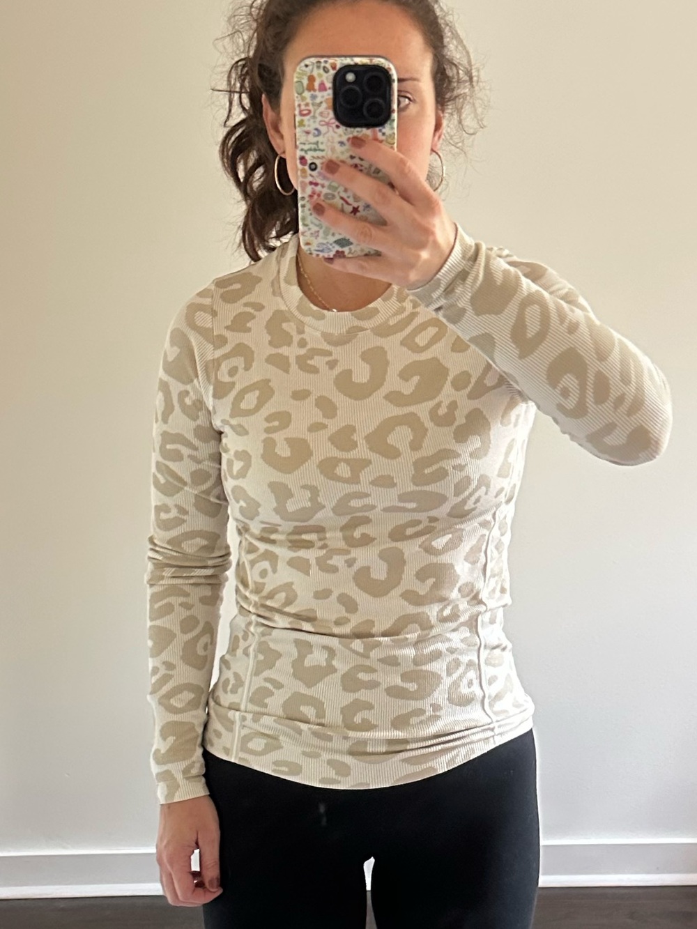 Sweaty Betty Beige Leopard Print Ribbed Long Sleeve Workout Top | Size 6